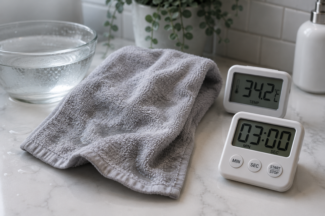 A warm washcloth beside a thermometer showing it has cooled