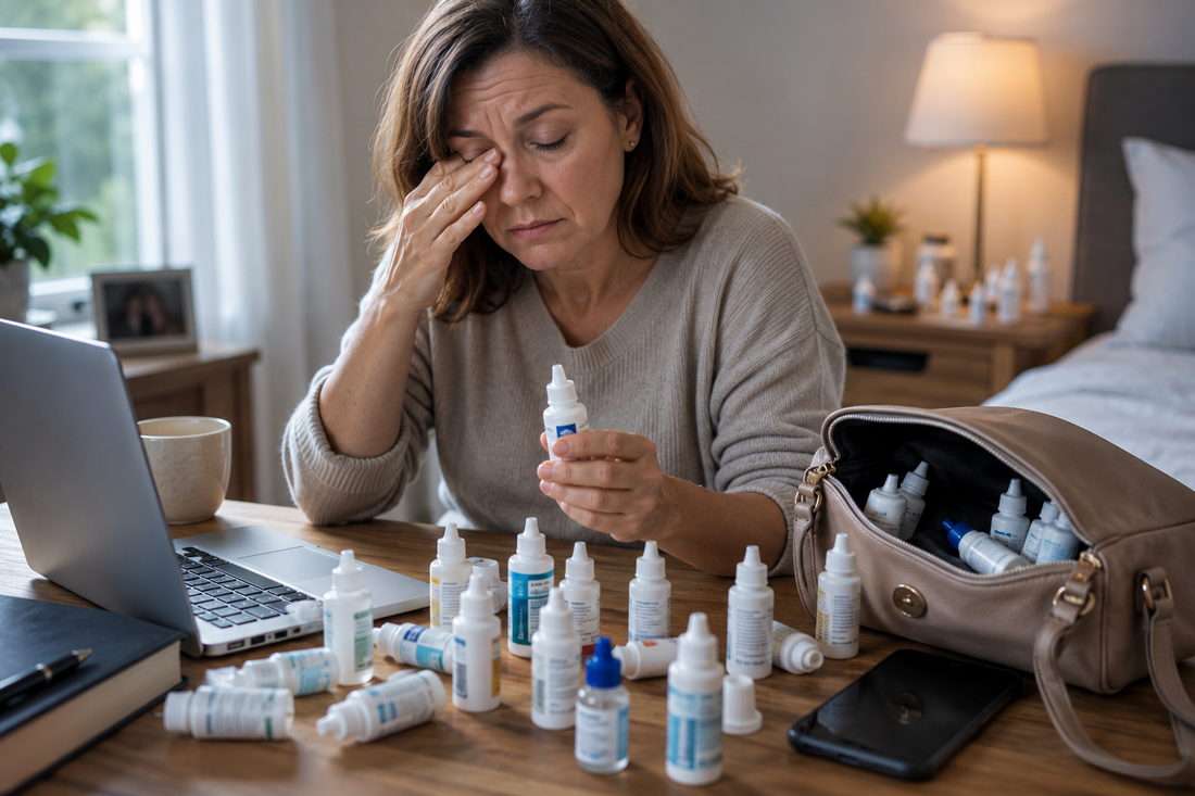 Eye drop bottles on a desk and nightstand