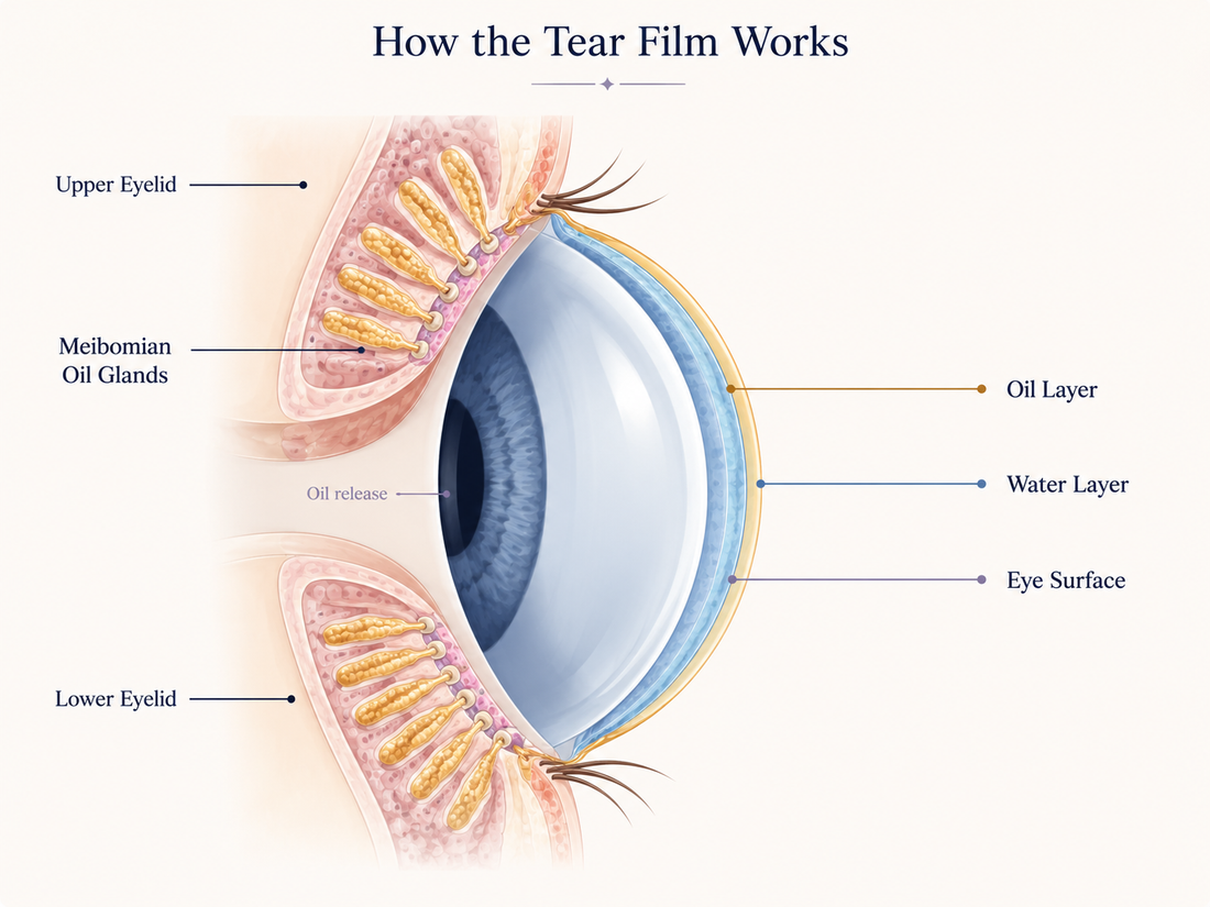 Diagram of the eyelid oil glands and tear film