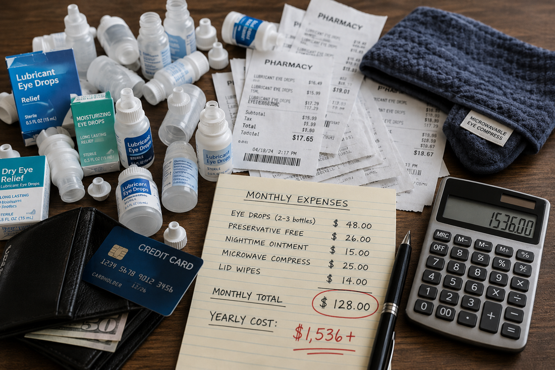A pile of empty eye-drop bottles and pharmacy receipts