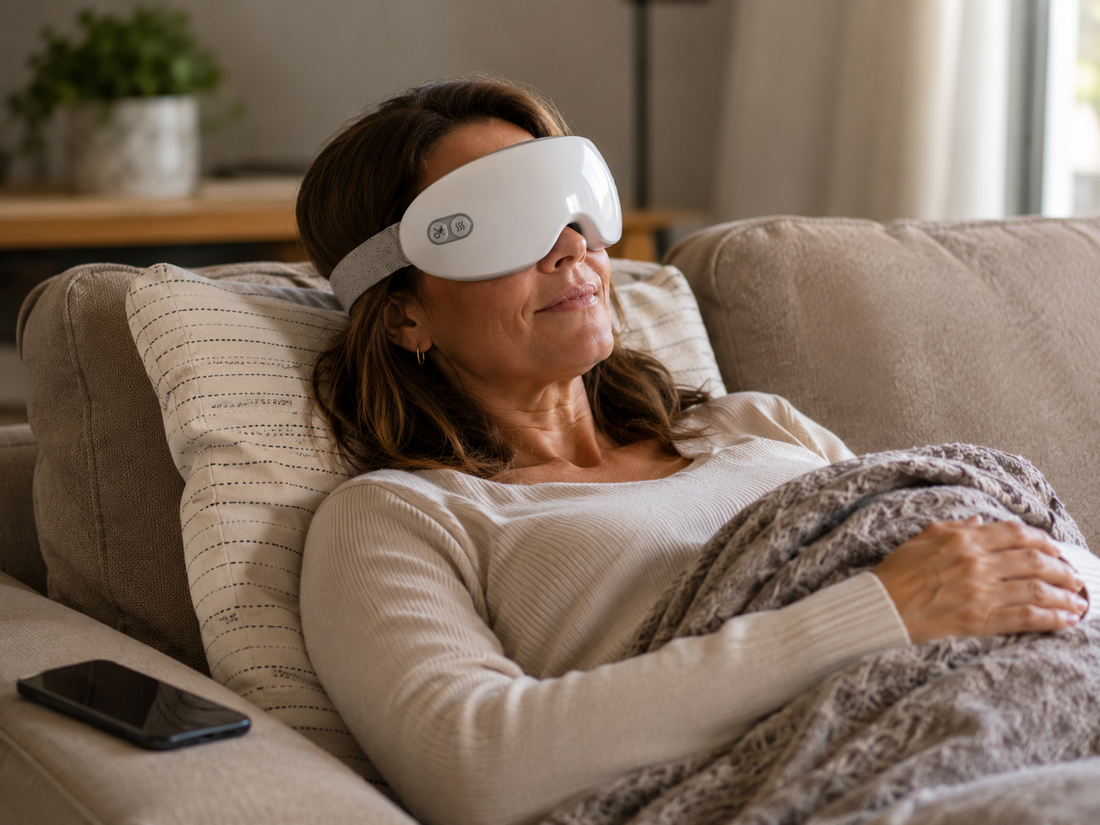 Woman relaxing with the Lumoru mask during her evening routine