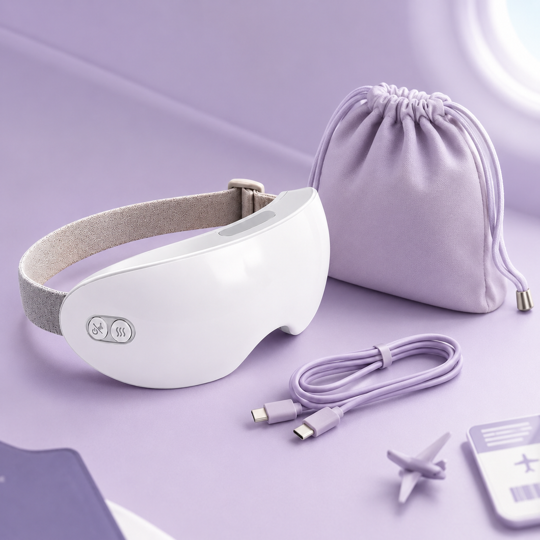 Lumoru mask with its travel pouch and USB-C cable